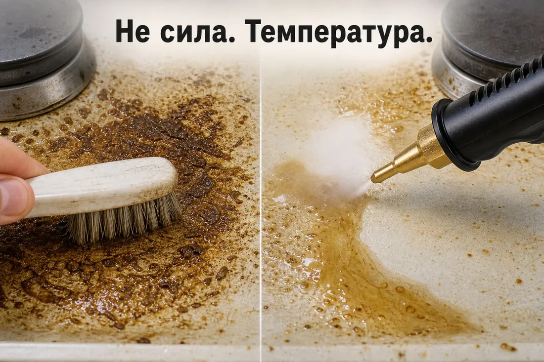 Щітка дряпає засохлий жир — пара розм'якшує його. Не сила. Температура.